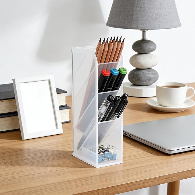 Tissting Pen Holder for Desk, 4 Compartment Pencil Organizer Tiered Vanity Countertop Makeup Brush Desktop Storage Rack, Plastic Angled Storage Organizer for Pen Makeup Brush(Transparent)