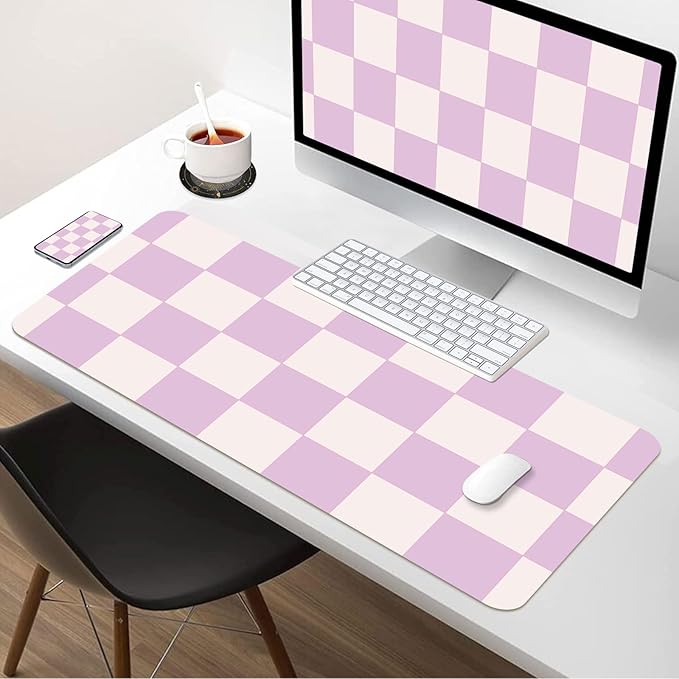 Large Checkered Desk Mat 35.4" x 15.7", PU Leather Mouse Pad Protector, Non-Slip Office Desk Pad, Waterproof Writing Pad for Office and Home (35.4in*15.7in, Purple Plaid)