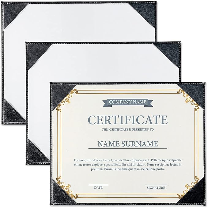 Fine Stationery Black Faux Leather Certificate Holders with Acrylic Easel Stand - 3-Pack, Holds 8.5x11'' Letter-Size Document Vertically or Horizontally, Professional Certificate Award Frame