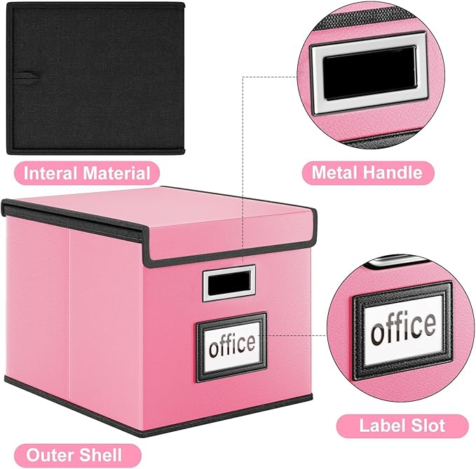 File Organizer Box with Lid, Collapsible Leather File Folder Organizer for Office Document Storage, Filing Box with Plastic Slide for Letter/Legal Size Hanging Files, Pink