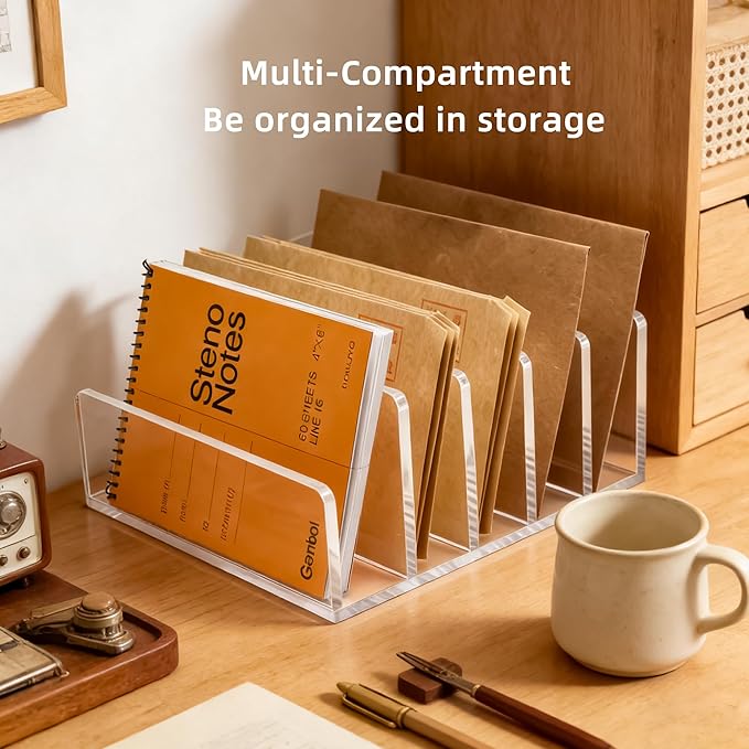 Clear Acrylic Desk Organizer – 5 Compartment Mail Holder & Letter Sorter for Office, Bills, Documents, Notebooks – Modern Vertical File Rack for Home