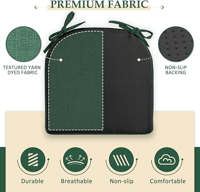 Wellsin Chair Cushions for Dining Chairs 6 Pack - Kitchen Chair Cushions with Ties and Non-Slip Backing - Dining Chair Pads 16"X16"X2", Dark Green