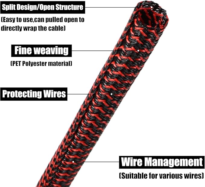 10ft PET Braided Cable Sleeve 2/3 inch(16mm) Wire Protector Cable wrap Wire Covers for Cords Cable Sleeves Cord Management Cable Management Sleeve(Red Black)