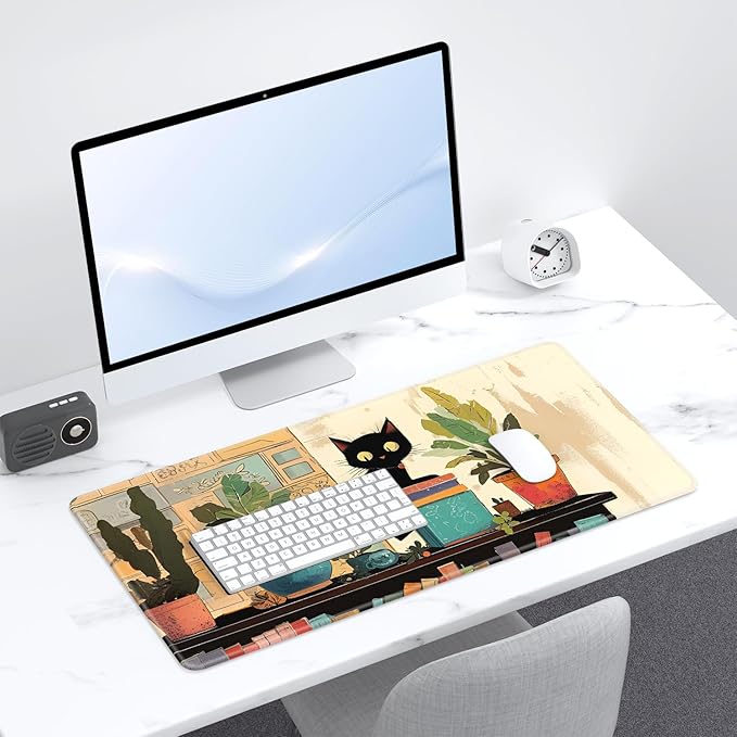 Desk Pad, 32" x 16" XXXL Extended Large Gaming Mouse Pad, Desktop Decor Desk Mat, Men Women Office Supplies and Accessories, Cute Anime Mouse Mat for Laptop & Keyboard, Plant Black Cat