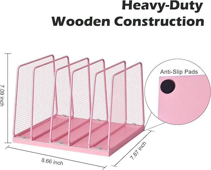 AUPSEN 5-Section File Organizer for Desk, Wood Mesh Desktop File Organizer, File Sorter Storage Rack, Vertical Folder Holder for Files, Magazines, Books (Pink)