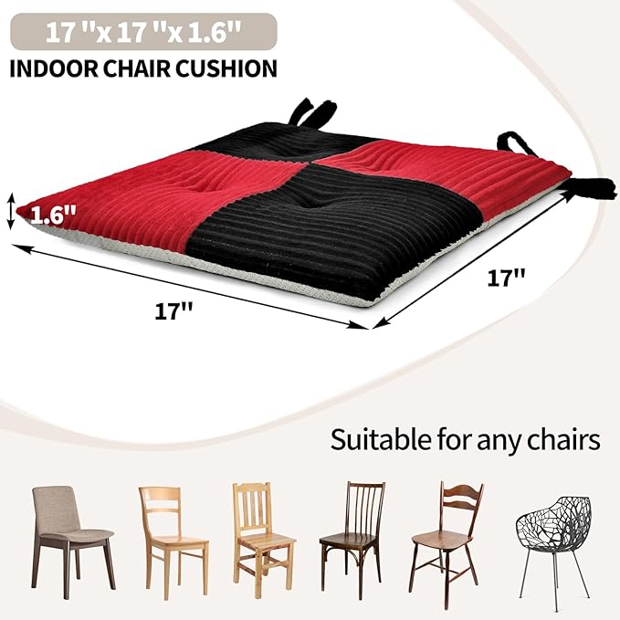 Office Stacking Chair Cushion with Ties, Corduroy High Density Foam Non-Slip Kitchen Seat Cushion, Square 17" x 17" Indoor Dining Chair Pads, Black+ Red, 1 PCS