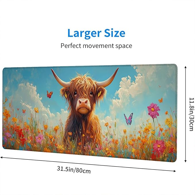 Cute Highland Cow Mouse Pad Colorful Flowers Butterfly Mousepad Extended Large Laptop Keyboard Non-Slip Rubber Base with Stitched Edges for Home Office Computer Keyboard Laptop Home 31.5x11.8 Inch
