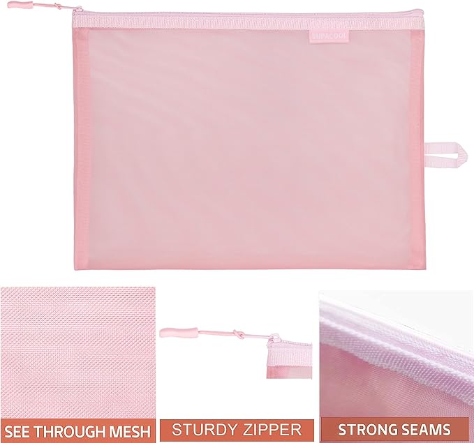 SUPACOOL Set of 4 Travel Mesh Makeup Bag, Cosmetic Organizer Pouches with Zipper, Diaper Organizing Pouches, Nylon Toiletries Bag for Women and Men(4pcs, Pink)