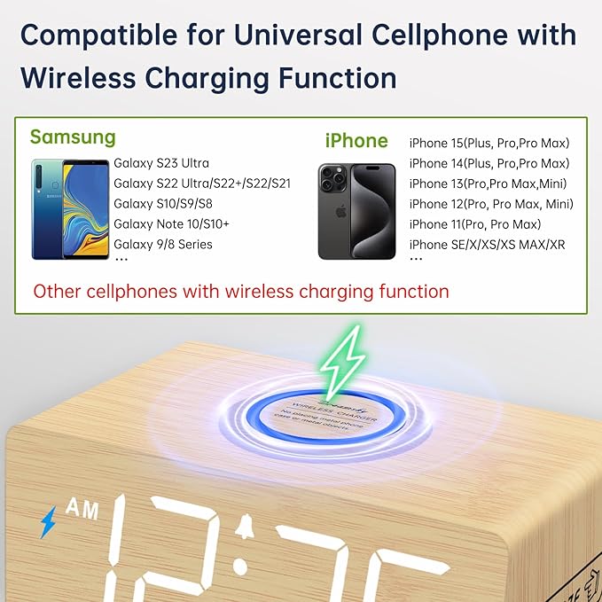 DreamSky Wooden Digital Alarm Clock with Wireless Charging for Bedroom, Bedside Nightstand Clock with Charger Station, USB Port, Large Numbers, Adjustable Volume, Brightness Dimmer, DST