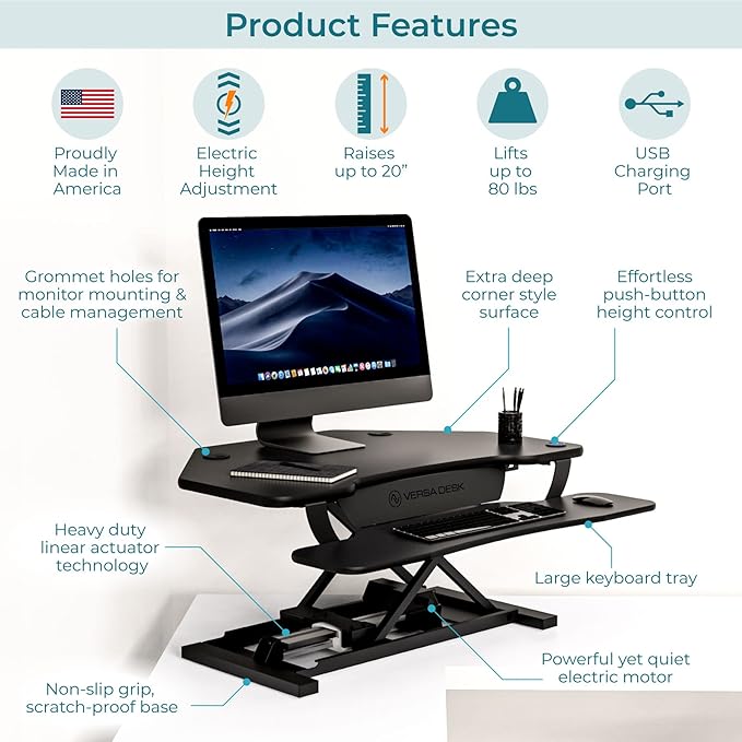 VERSADESK PowerPro 36" Corner Standing Desk Converter, 36 Inch Motorized Height-Adjustable Standup Desk Riser Sit to Stand Desktop with Keyboard and Mouse Tray + USB Charging Port, Black
