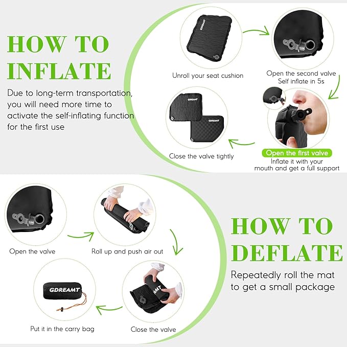 Inflatable Seat Cushion, Self-Inflating Memory Foam Stadium Seats Cushion Portable Camping Air-Foam Sitting Pad for Travel Airplane Car Bleachers Backpacking Office, Lightweight & Compact