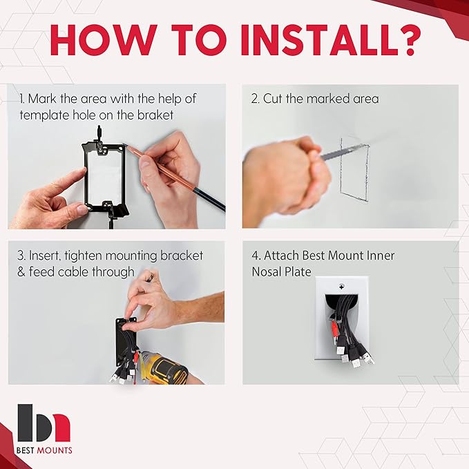 2 Pack Wall Plate Cable Pass Through with Bracket - In Wall Cable Management Kit - Recessed Cable Wall Plate Pair with Single Gang Low Voltage Mounting Bracket - Decorator Cover for Low Voltage Cables