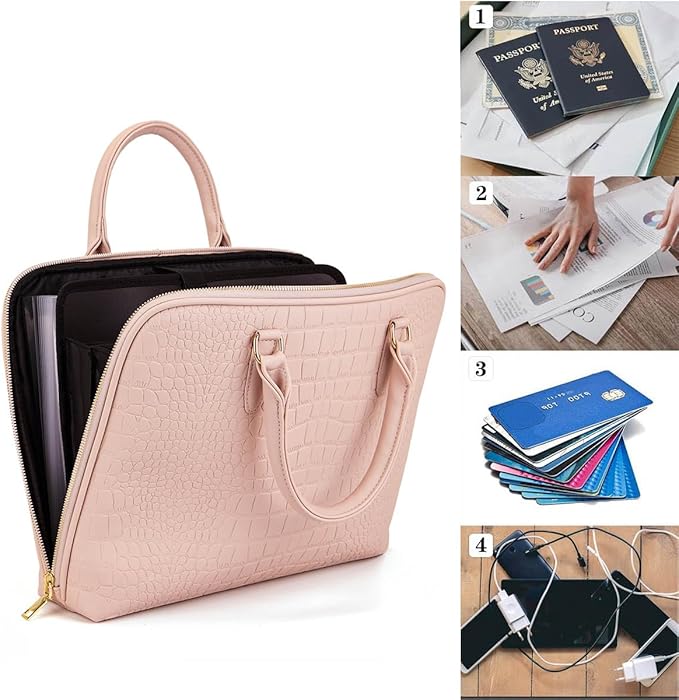 Accordian File Organizer Tote,Folder with Zipper & Labels,12 Pocket Expanding File Folder with Multi-Pockets Paper Folder for Letter A4 Files Business Teacher Office Bag (Pink)