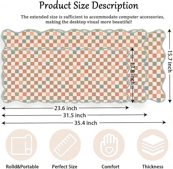 Scalloped Desk Mat Extended Large Cute Mouse Pad XXL Aesthetic Desk Pad Boho Plaid Mousepad Retro Beige Checkered Mouse Pad for Keyboard Computer Stitched Edges Non-Slip Home Office 35.4X15.7Inch