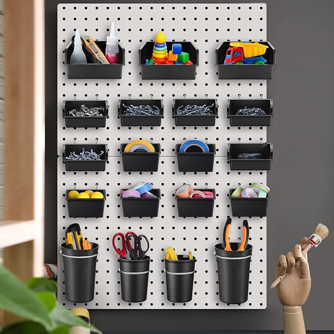 Roowest 60 Pcs Pegboard Cups Pegboard Bins Set, Wall Organizer with Hooks and Loops, Hooks Assortment Organizer Accessory for Office Storage Garage Craft Workshop(Black)