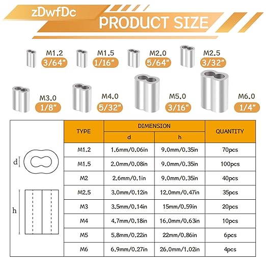 285PCS 8 Sizes Aluminum Crimping Loop Sleeve Cable Crimps, 3/64'' 1/16'' 5/64'' 3/32'' 1/8'' 5/32'' 3/16'' 1/4'' Cable Ferrules Kit DD042