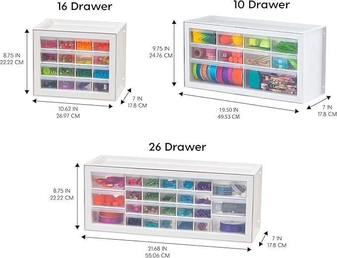 IRIS USA 26-Drawer Teacher Toolbox, Made in USA, Stackable Plastic Storage Drawers for Crafts, Stickers, Crayons, Markers, Beads, Hardware, Building Bricks, Organizer Cabinet, Garage Storage, White