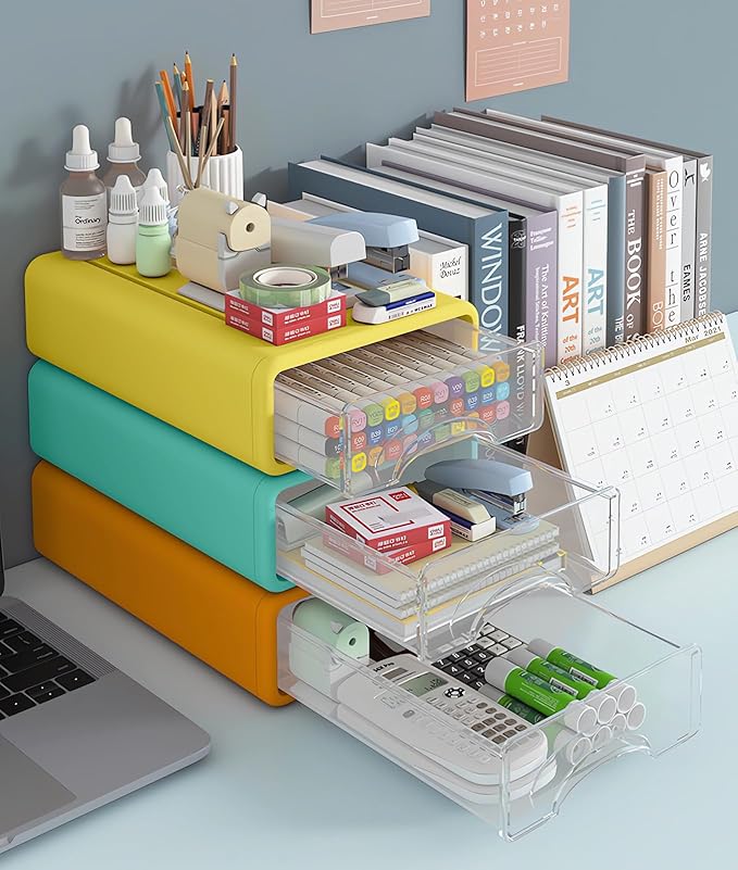 Plastic Desktop Drawer Organizer, Small 4-Tier Stackable Storage Drawers, Mini Desk Organizer for Office Stationery Makeup Vanity Supplies