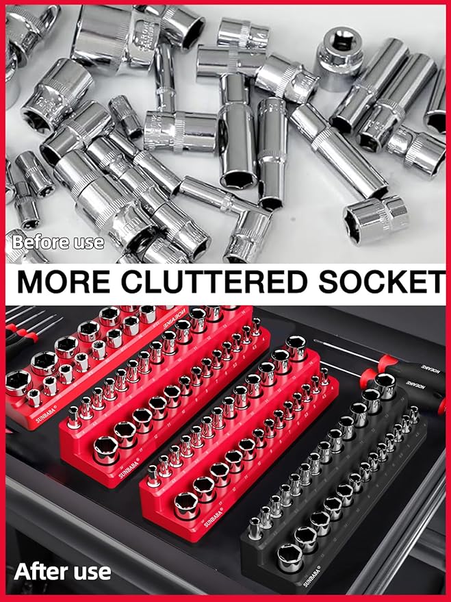 SUNBABA 8-Piece Magnetic Socket Organizer Set,1/2", 1/4" and 3/8" SAE & Metric Deep & Shallow Socket Holder Kit, Socket Trays, holds 197Pcs Sockets (sockets not included)