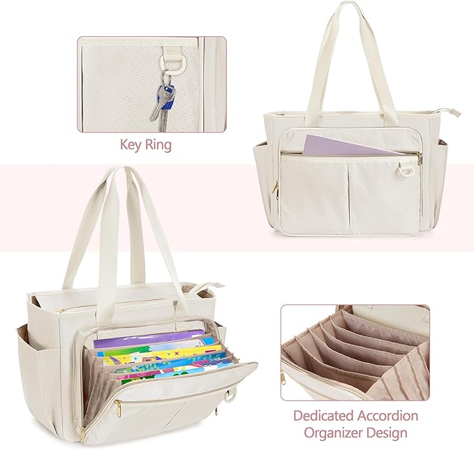 Teacher Tote Bag with Accordion File Organizer Pocket, Large Teacher Work Utility Bag for Women, Beige (Patent Design)