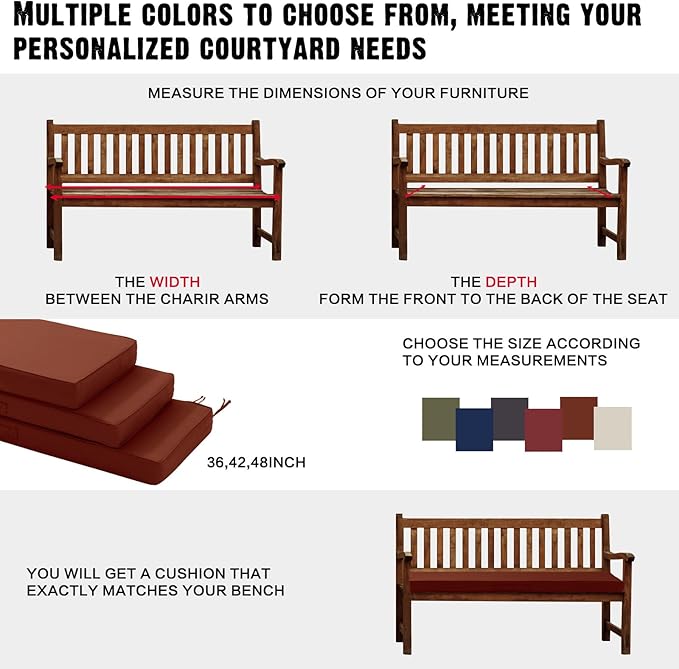 Outdoor Bench Cushion Waterproof with Memory Foam,Patio Bench Cushions for Outdoor/Indoor Furniture Porch Swing Cushion with Handle and Adjustable Strap,Terracotta Red,42x18 Inch