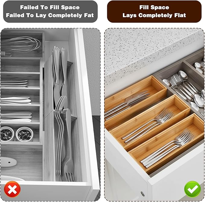MAQUITA 4 Pack Kitchen Drawer Organizer, Small Silverware Drawer Organizer, Bamboo Utensil Organizer for Bathroom, Dressing Room, Office, Pantry (Natural, 12" x 3" x 2")