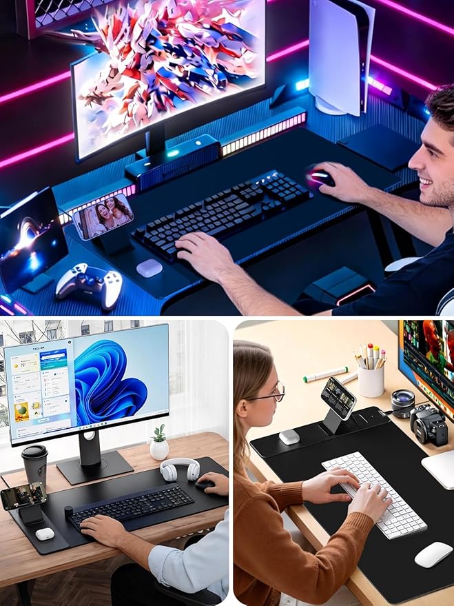 4-in-1 Mouse Pad with Magnetic Wireless Charging & Phone Stand, 31.5"x15.8" Large, Waterproof Smooth Surface, Non-Slip Base, with Adapter