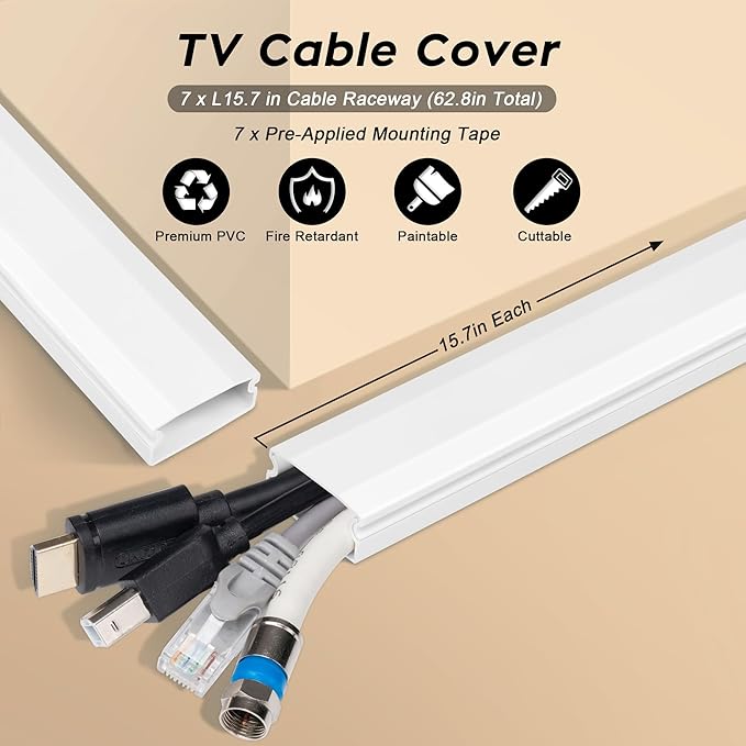 110in Cord Covers for Wires on Wall Kit, Large Cord Hider Wall Kit, Wire Covers for 3-4 Cords on Wall, White TV Cable Hider Cable Raceway, Simple Setup Wire Hider, W1.2 X H0.6in