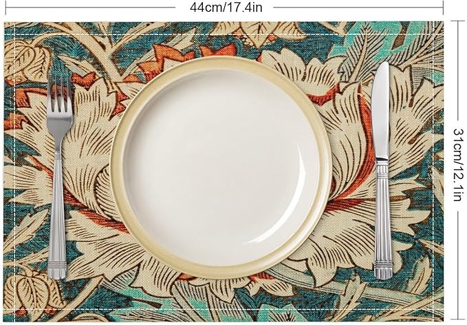 William Morris Floral Placemats Vintage Flower Art Style Boho Chic Retro Floral Linen Washable Table Mats Stain Heat-Resistant Desktop Decor Place Mats for Home Kitchen Dining Party 12x18 in 6 Pcs