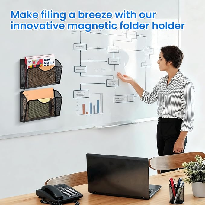 2PCS Magnetic File Holder - No Drilling Magazine Paper Document Holder, Magnetic File Paper Mail Organizer, Magnetic Hanging File Organizer for File Cabinets, Office, Whiteboard