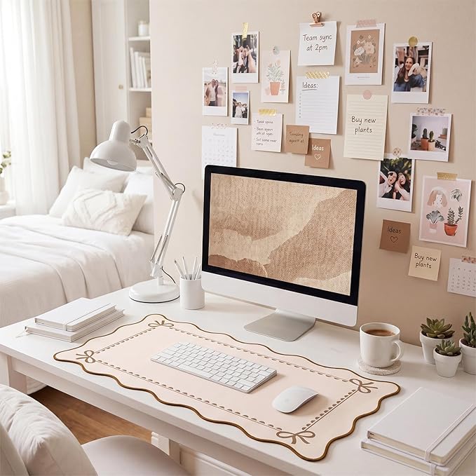 Scalloped Bow Desk Mat Cute Coquette Large Mouse Pad Kawaii Cottagecore ‌Vintage‌ Rustic Keyboard Pad Nonslip 2026 Graduation Gift with Stitching Waterproof Gaming(Light Khaki)