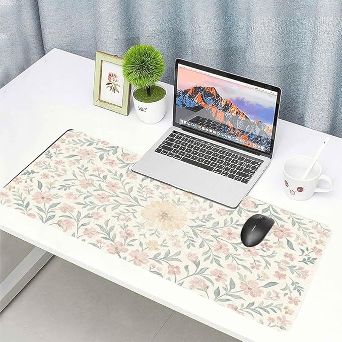 Soft Aesthetic Pastel Floral Desk Mat, Gentle PU Leather Desk Pad - Large Non-Slip Office Mat for a Calm & Stylish Gaming & Home Workspace（31.5 * 15.75in）
