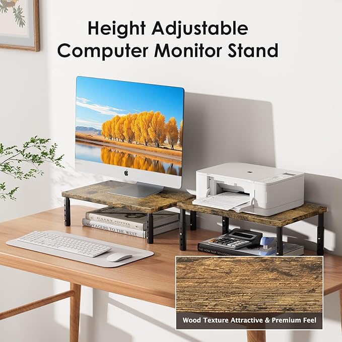 ECOLOVI Adjustable Wood Computer Monitor Stand Riser, Office Desk Organizer and Accessories for Monitor, Laptop, PC, Printer, Office Desk Accessories Workspace Organizer for Home Office Supplies, Brown