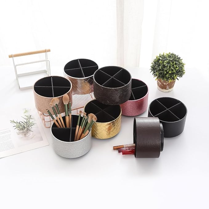 Spinning Caddy, PU Leather 360 Degree Rotating Remote Control Holder for Table with 4 Compartments, Cute Pen Holder Desk Organizer, Bling Silver PH100