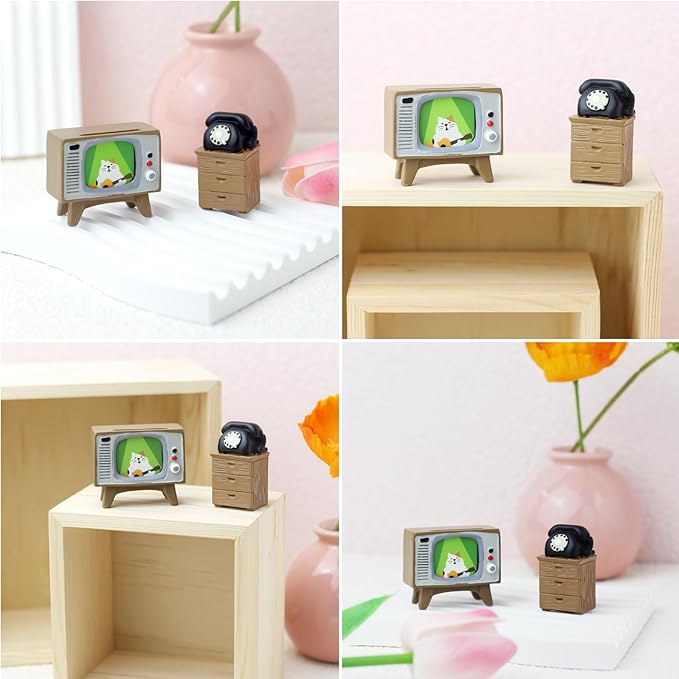 RAQWI Cute Mini TV and Telephone Cabinet Figurine for Living Room,Shelf Decor Cute Design Perfect Cute Cat Gift for Cat Lovers