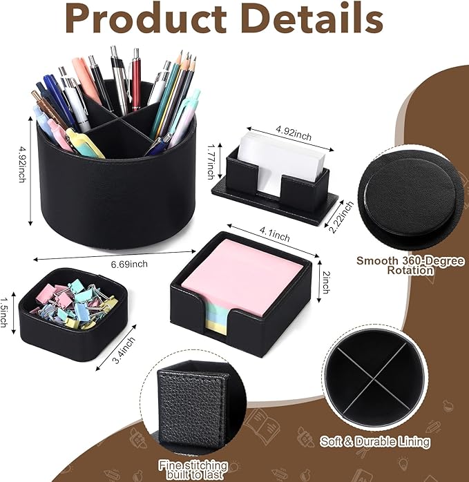 4 Pcs Rotating Leather Pen Holder Organizer Office Desk Accessories Set with Business Card Sticky Note Holder Paperclip Storage Desktop Storage Supply for Teacher Back to School Gift (Black)