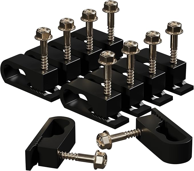 THE CIMPLE CO Dual Cable Clips with Screws - 1/2 Inch Coaxial Cable Clamps Outdoor - Exterior Cord Management for Coax, CAT Ethernet, Electrical Wire - Screw Clamps for Wires on Wall - 10 PCS, Black