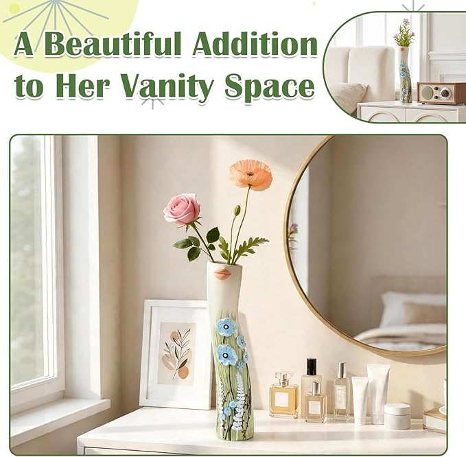 Cute Face Bud Vase, Hand Painted Resin Mini Vase, Boho Decorative Vase for Desk Shelf Living Room Decor, Unique Gift Idea for Women (Lips & Blue Blooms)