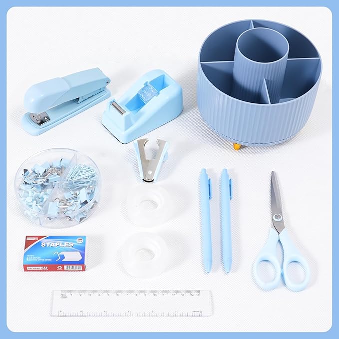 Blue Desk Accessories 12Pcs Set, Cute Office Supplies Decor for Women, 360° Rotating Pen Holder Organizer with Stapler, Tape Dispenser, Staple Remover, Staples, Tape, Clips Set, Ruler, Scissor, Pen