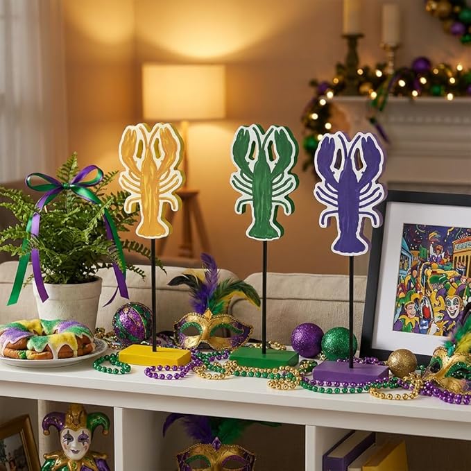 Smile Mardi Gras Wooden Block Decor, Colorful Crawfish Blocks, Mardi Gras Indoor Decoration