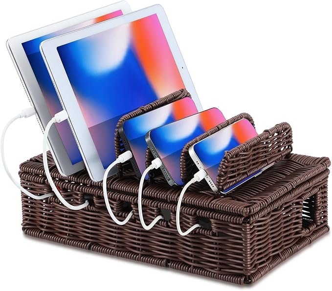 CroBlissful Cable Management Box Handwoven Imitation Rattan Cord Hider Box Charging Station Basket Desktop Cord Organizer with Removable Divider for Laptop Tablet 12.5lx5.9hx7.6w-inch (Coffee Color)
