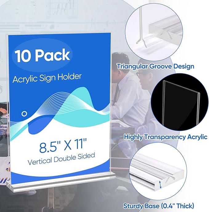 acrylic sign holder 8.5 x 11 Paper Stand 10 Pack Clear Double Side T Shape Acrylic Table Signs for Displaying, Flyer Holder Paper Card Holder for Office Business Store Mall Restaurants