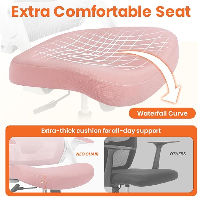 NEO CHAIR Office Desk Gaming Chair Computer High Back Mesh Seat with Rolling Wheels Ergonomic Adjustable Comfy Flip-up Armrests Lumbar Support Height for Home (Pink)