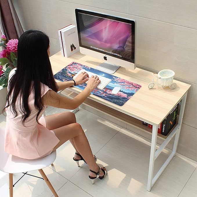 Cherry Blossom Large Mouse Pad Desk Pad, 27.5x11.8in Mount Fuji Keyboard Mouse Mat with Stitched Edges, Waterproof Non-Slip Rubber Base for Office Laptop Computer Home