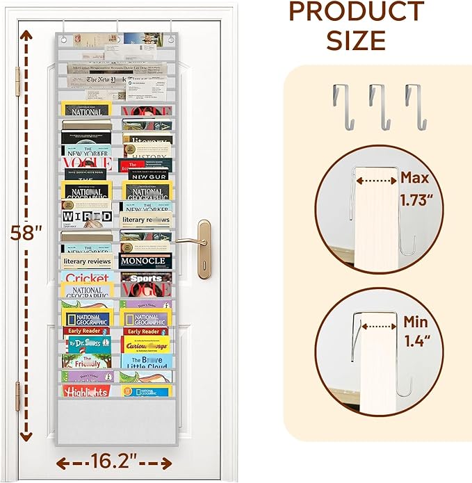 Over The Door File Organizer with 26 Large Pockets, Office Hanging Magazine Holder, 600D Oxford Fabric Tear-Resistant Door Organizer for Mail Paper Documents,Magazine Rack for Office Home School(Gray)