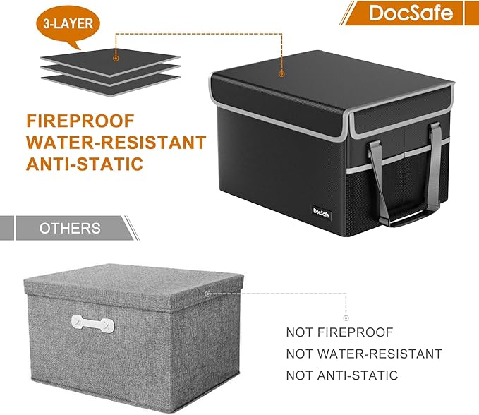 DocSafe File Box Fireproof File Storage Organizer with Lid,Collapsible Document Storage Filing Case for Hanging Letter/Legal Folders,Portable Home Office Safe Cabinet with Handle,Black