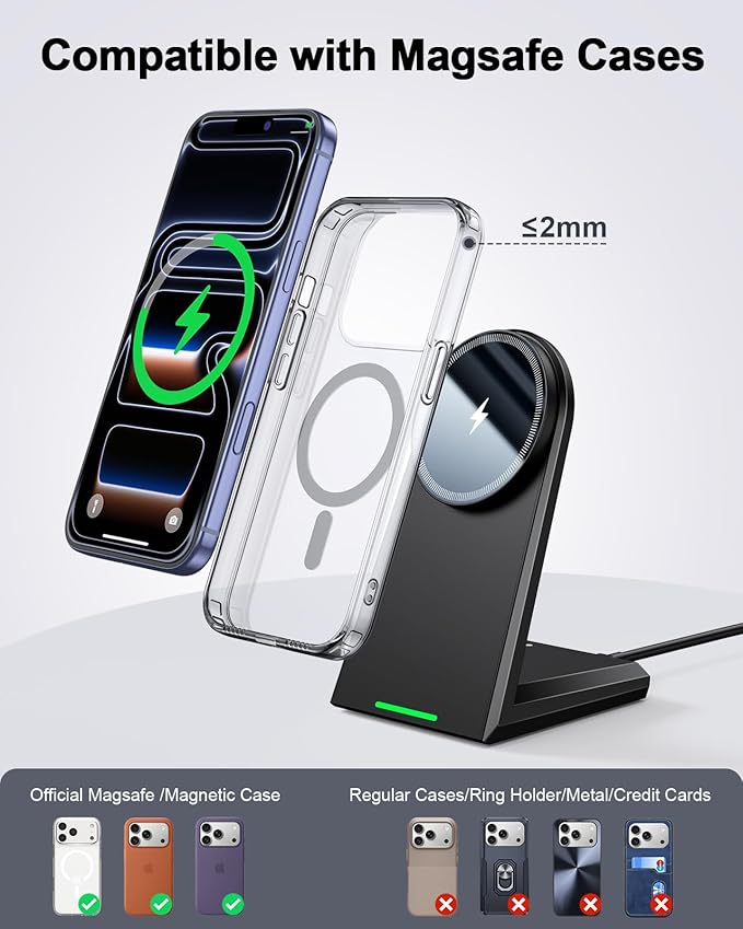 NANAMI 25W Magnetic Wireless Charger Stand, Fast Magnetic Phone Charger, N52 Alignment, 360° Adjustable, Auto-Dim LED, Cooling & Safety Protection for iPhone 17/16/15/14/13/12 & Google Pixel 10 Series