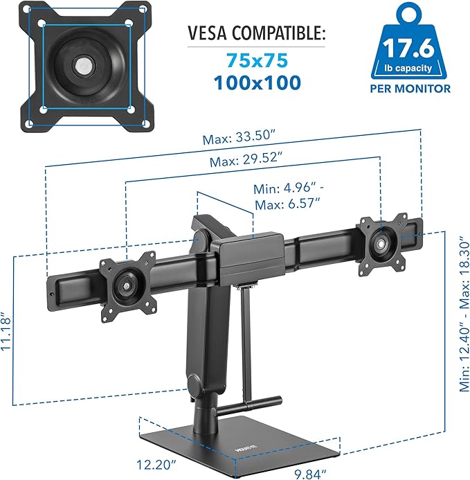 Mount-It! Freestanding Dual Monitor Stand 17" to 32", Height Adjustable, Tension Adjustable Spring Monitor Stand for 2 Screens, Max VESA 100x100, Swivel, Rotation, Instant Height Adjustment, Black