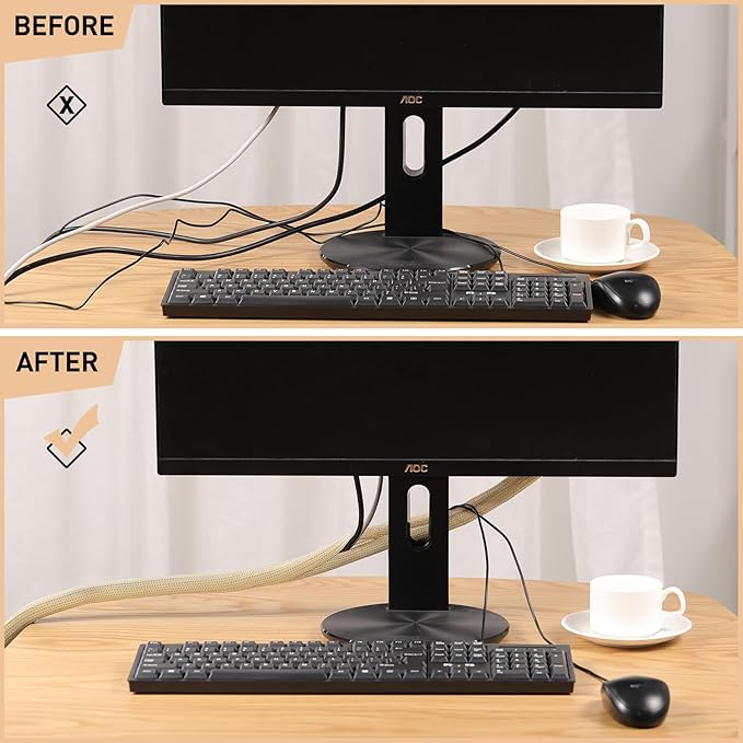 AGPTEK Cable Sleeve, 6.6ft - 1.5 inch Cable Management Desk Cord Cover Organizer Wire Hider for Home Office Computer TV Wire Loom Tubing Pet Proof Cord Protector from Cat Dog Chewing, Wood Color