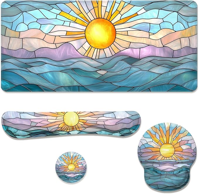 Boho Sun Desk Mat Set Stained Glass Sea Coastal Sunset Large Mouse Pad with Wrist Rest 4in1 Desk Mat for Desktop Ergonomic Computer Desk Arm Wrist Anti-Slip Computer Mouse Pad Home Office Gaming